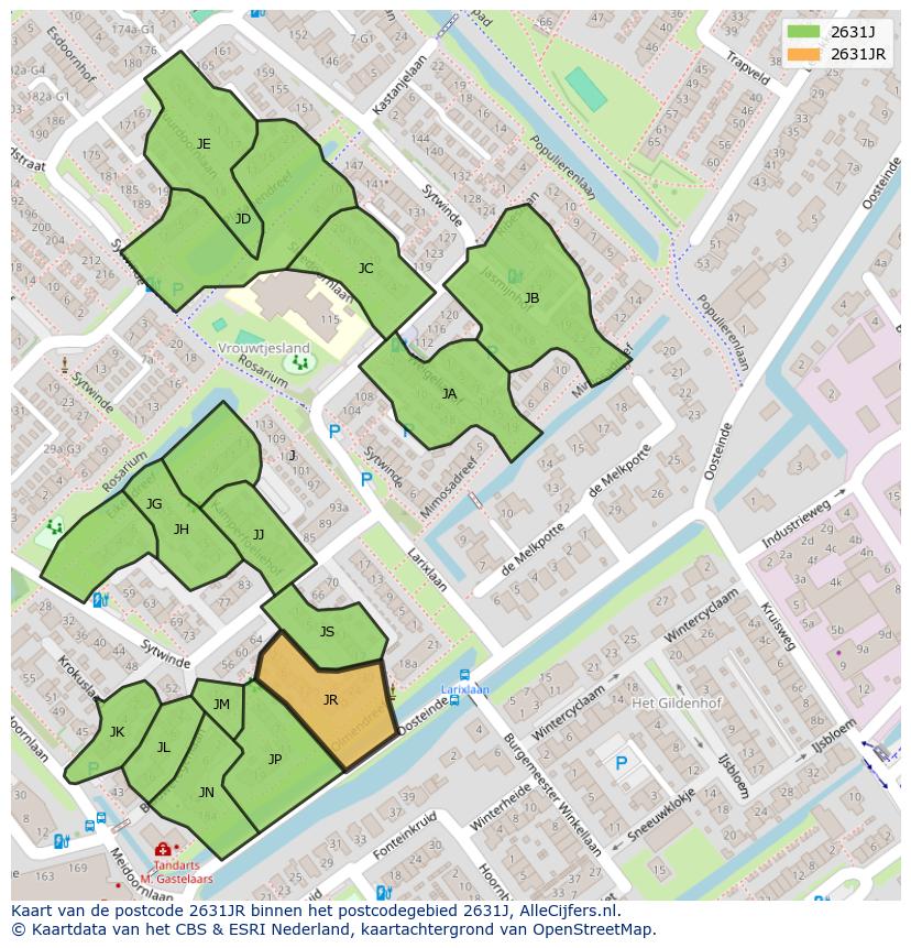 Afbeelding van het postcodegebied 2631 JR op de kaart.