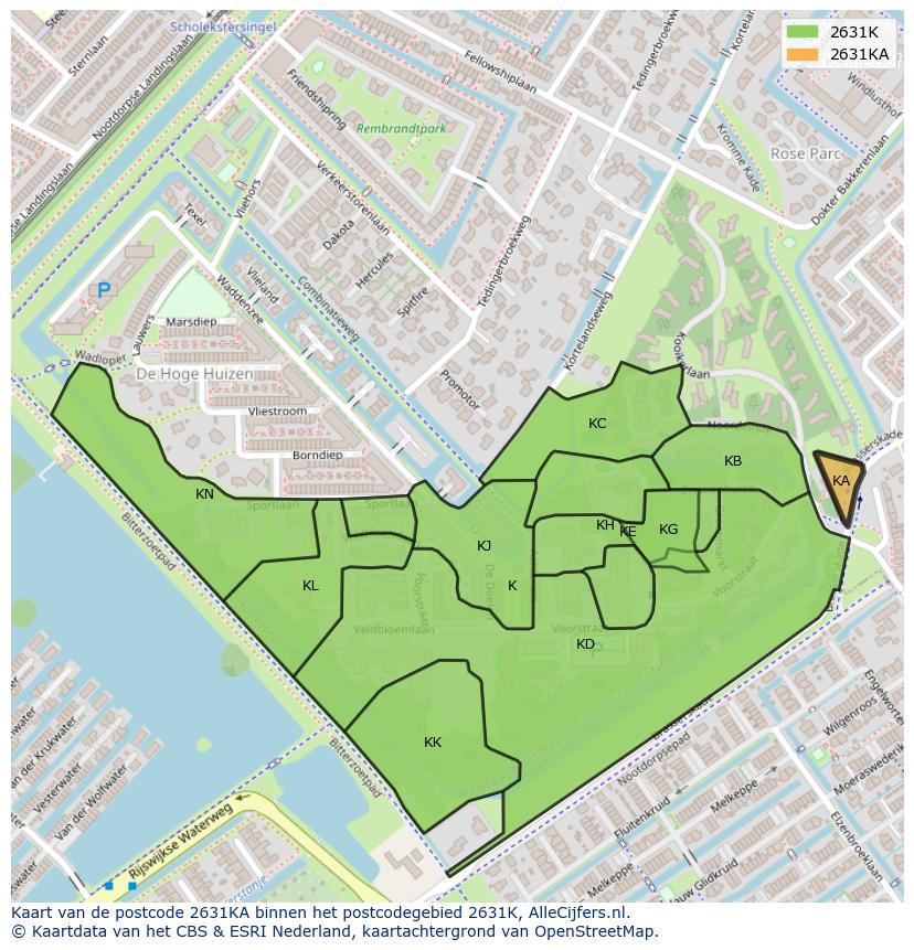Afbeelding van het postcodegebied 2631 KA op de kaart.
