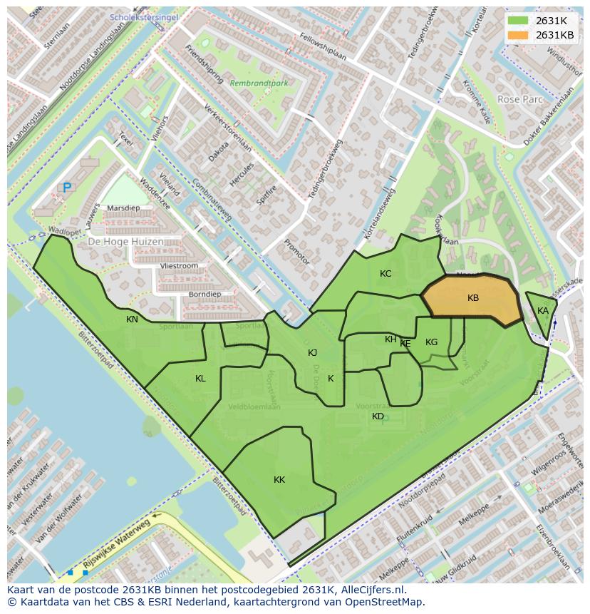 Afbeelding van het postcodegebied 2631 KB op de kaart.