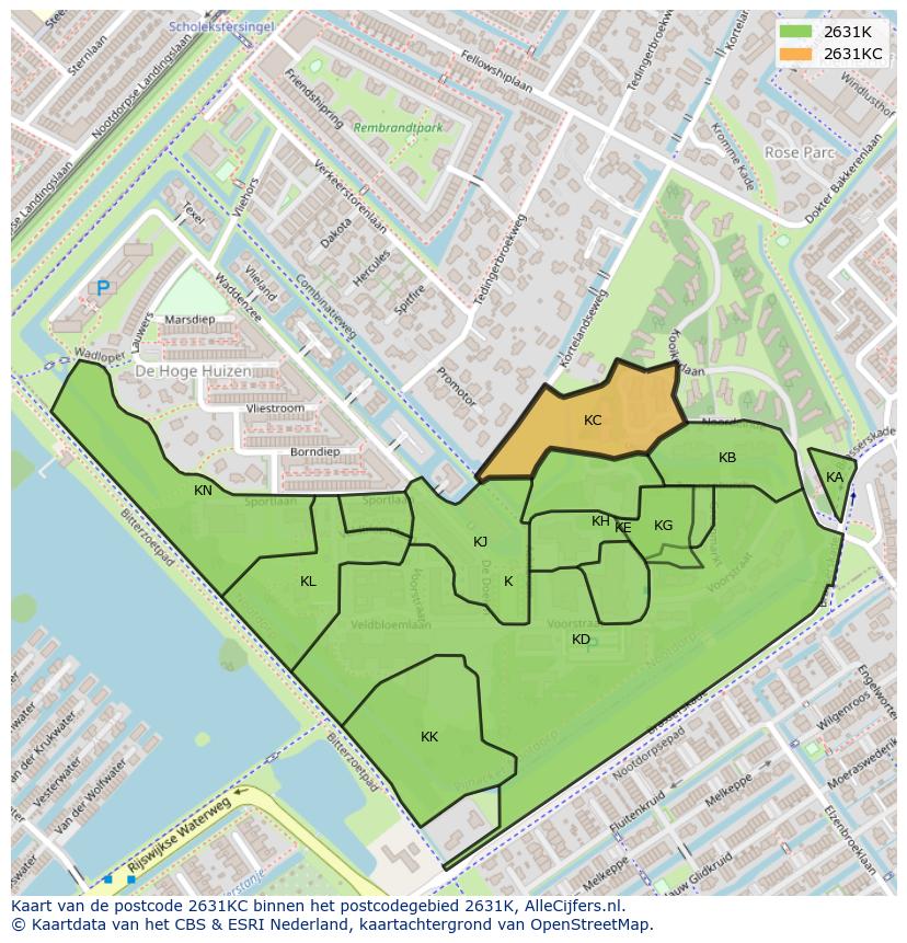 Afbeelding van het postcodegebied 2631 KC op de kaart.