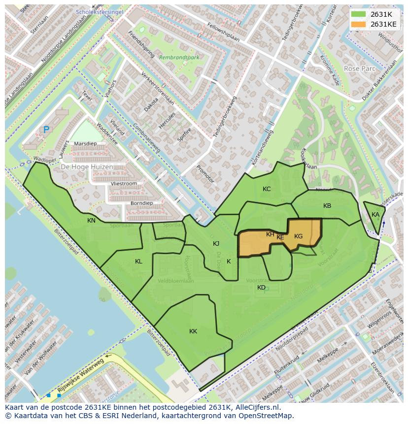 Afbeelding van het postcodegebied 2631 KE op de kaart.