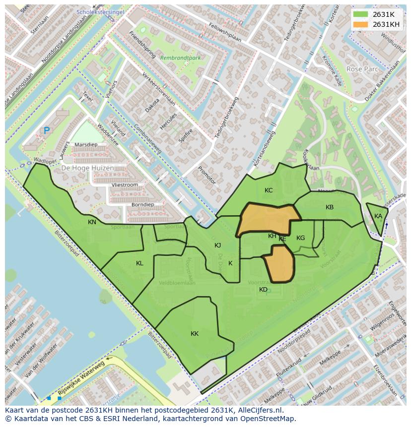 Afbeelding van het postcodegebied 2631 KH op de kaart.