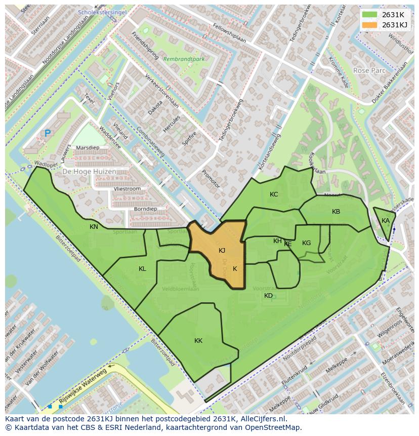 Afbeelding van het postcodegebied 2631 KJ op de kaart.