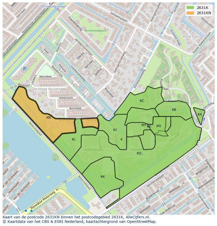 Afbeelding van het postcodegebied 2631 KN op de kaart.