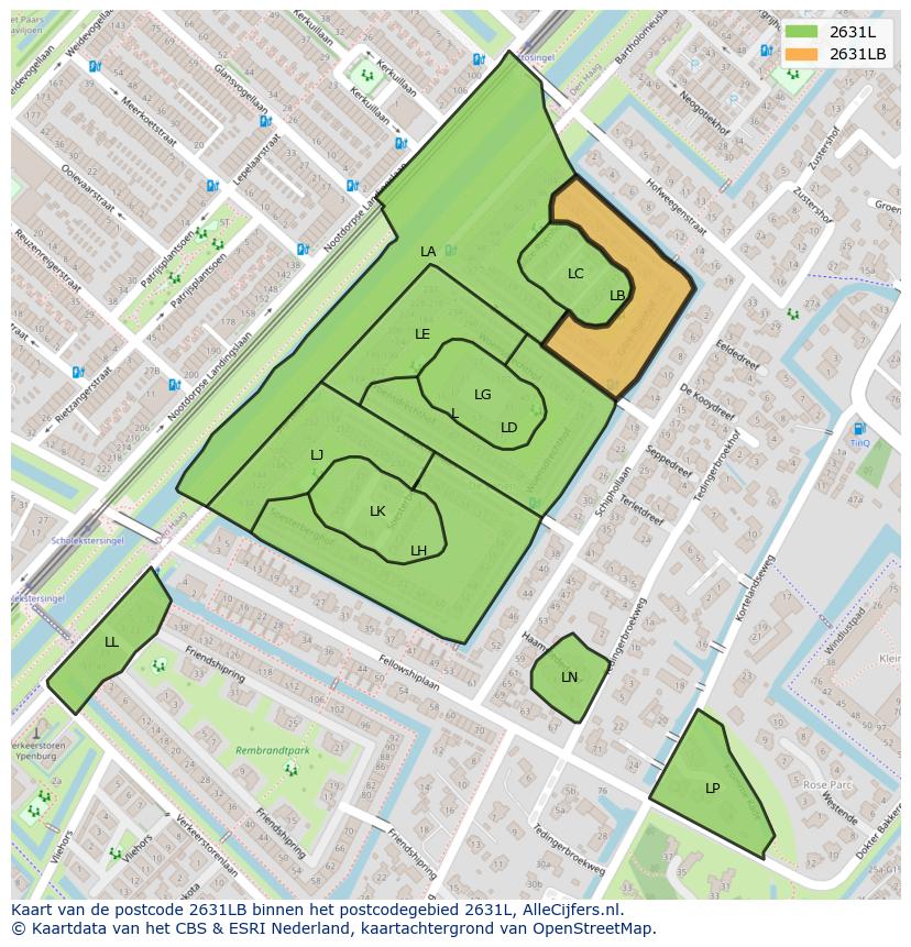 Afbeelding van het postcodegebied 2631 LB op de kaart.