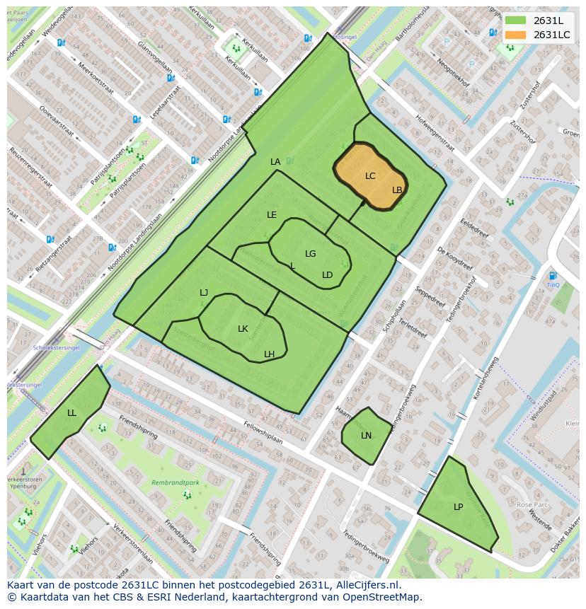 Afbeelding van het postcodegebied 2631 LC op de kaart.