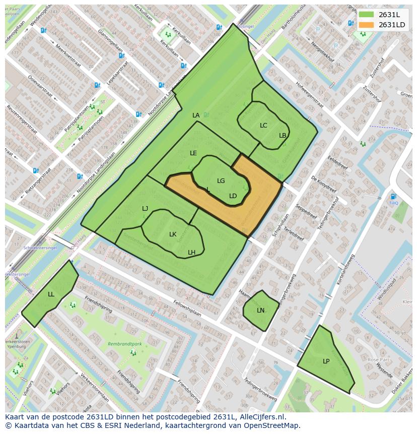Afbeelding van het postcodegebied 2631 LD op de kaart.