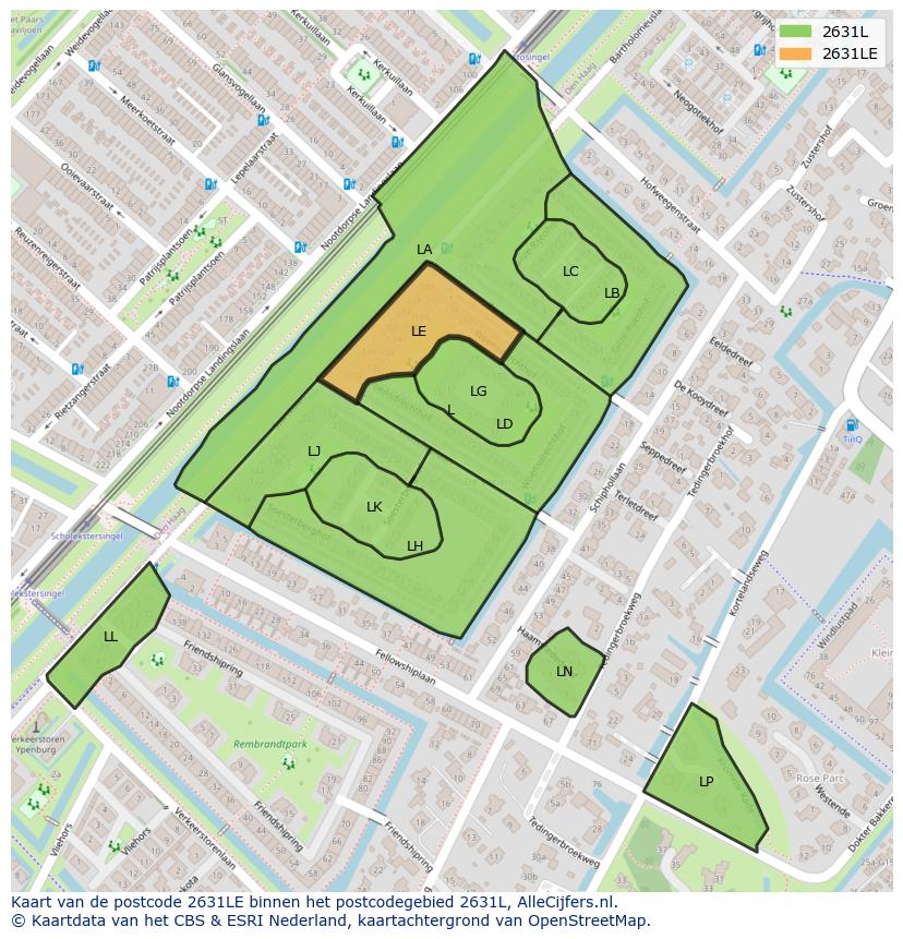 Afbeelding van het postcodegebied 2631 LE op de kaart.