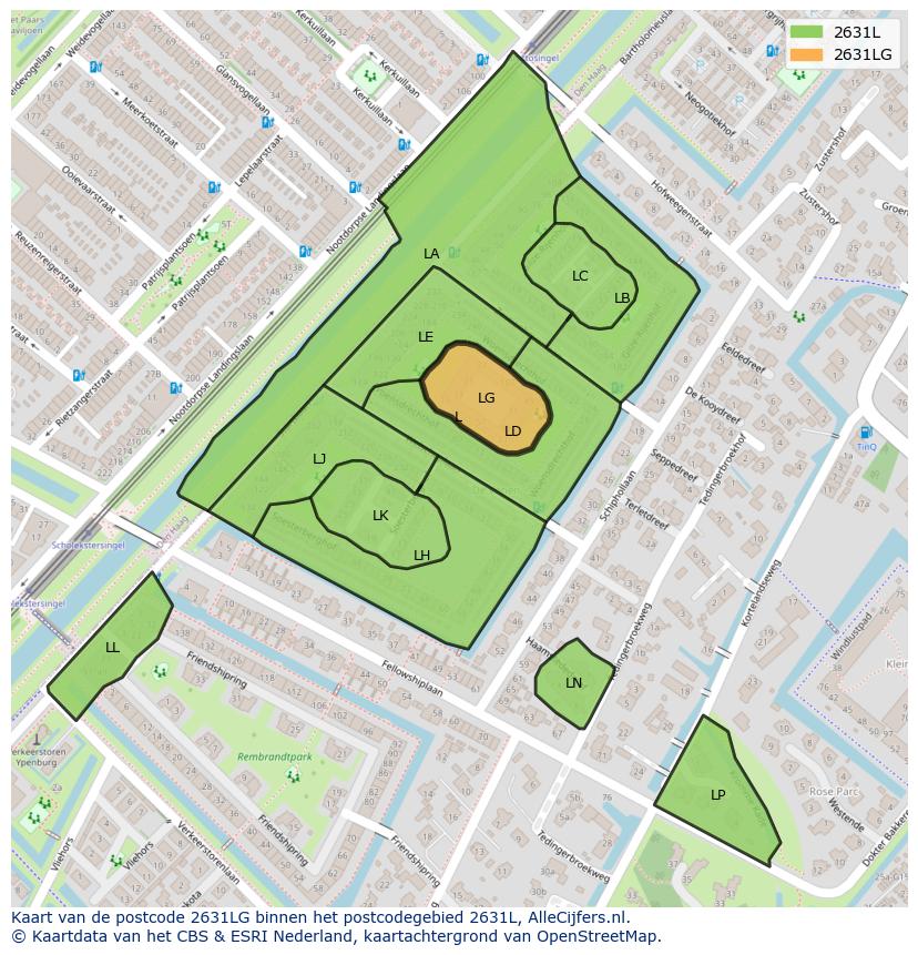 Afbeelding van het postcodegebied 2631 LG op de kaart.
