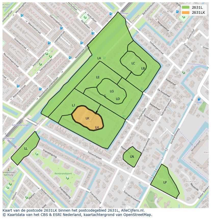 Afbeelding van het postcodegebied 2631 LK op de kaart.