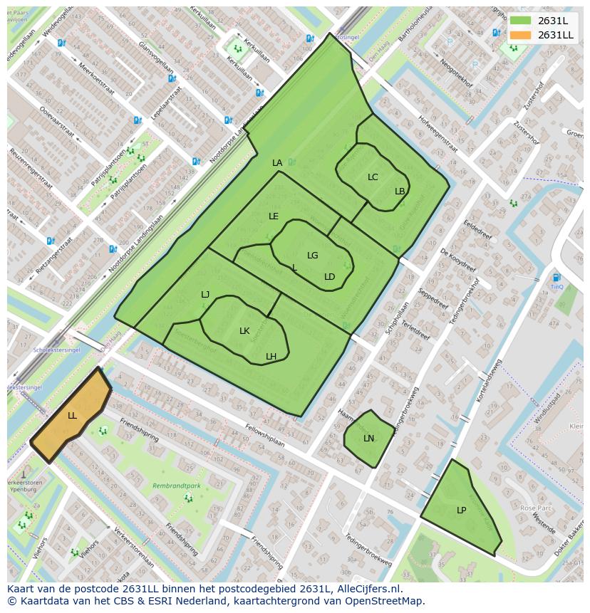 Afbeelding van het postcodegebied 2631 LL op de kaart.