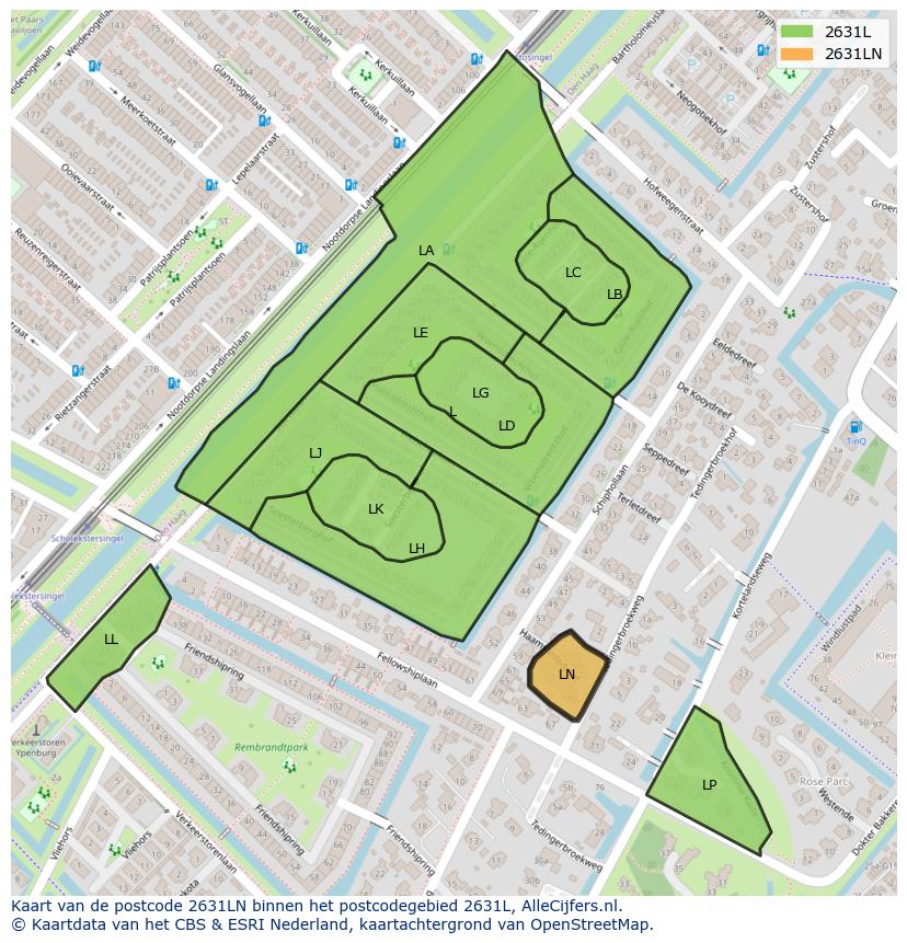 Afbeelding van het postcodegebied 2631 LN op de kaart.