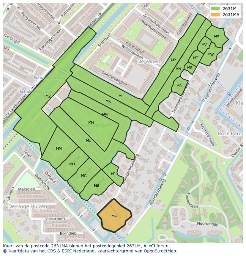 Afbeelding van het postcodegebied 2631 MA op de kaart.