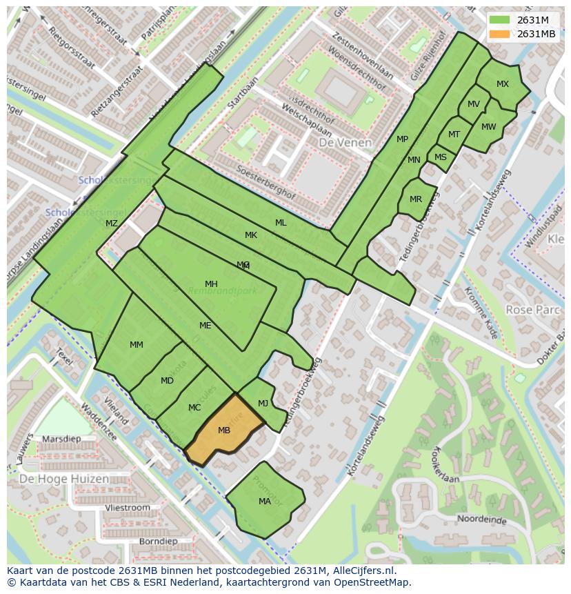 Afbeelding van het postcodegebied 2631 MB op de kaart.
