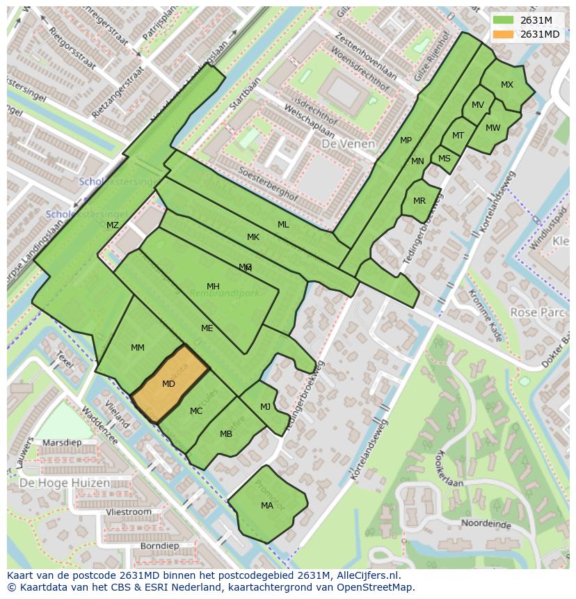 Afbeelding van het postcodegebied 2631 MD op de kaart.