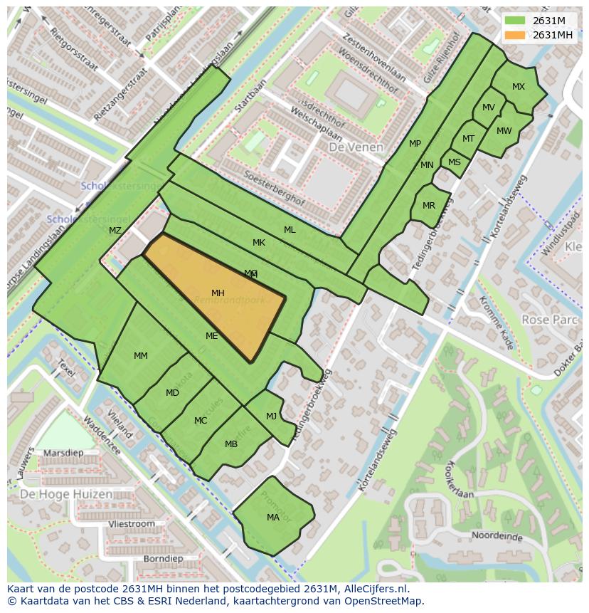 Afbeelding van het postcodegebied 2631 MH op de kaart.