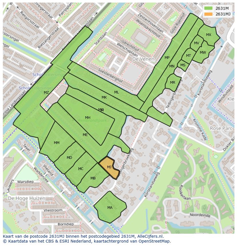 Afbeelding van het postcodegebied 2631 MJ op de kaart.