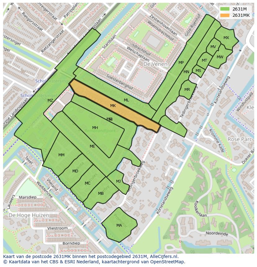 Afbeelding van het postcodegebied 2631 MK op de kaart.