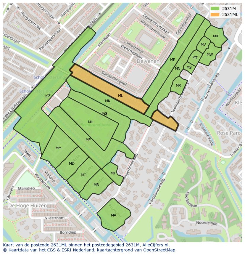 Afbeelding van het postcodegebied 2631 ML op de kaart.