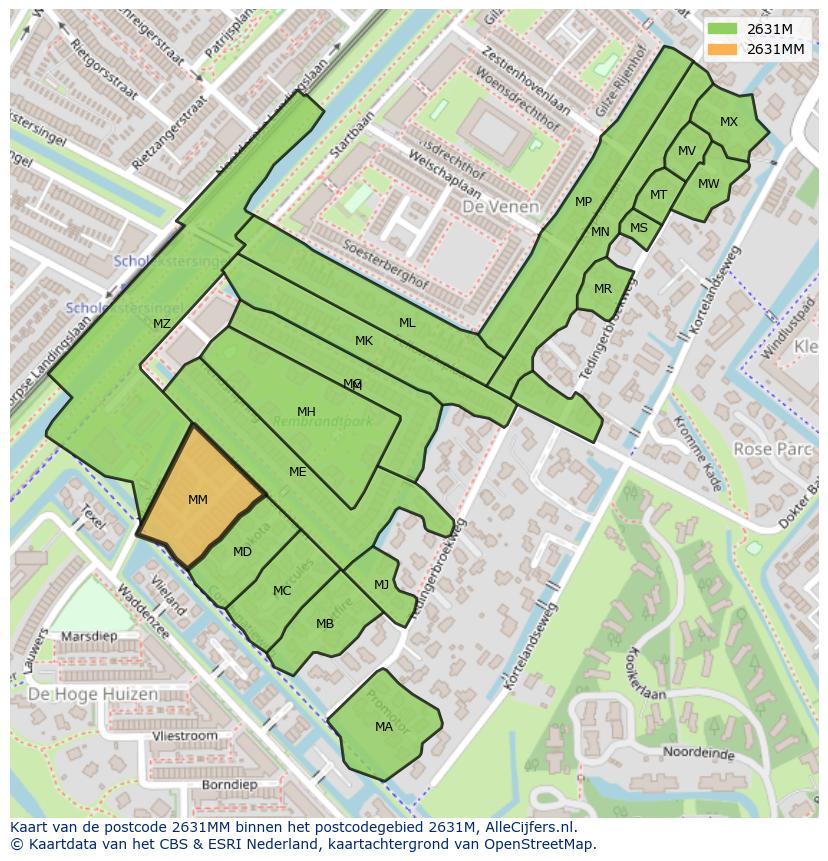 Afbeelding van het postcodegebied 2631 MM op de kaart.