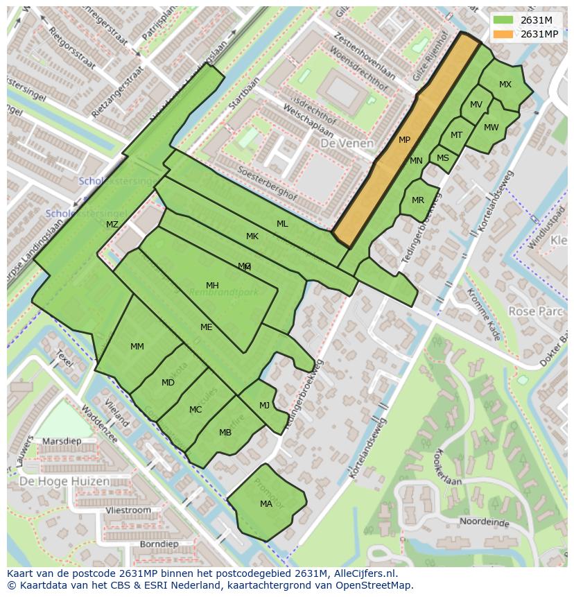 Afbeelding van het postcodegebied 2631 MP op de kaart.