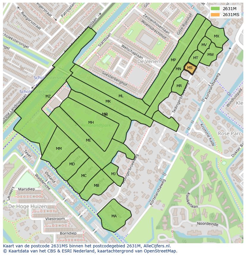 Afbeelding van het postcodegebied 2631 MS op de kaart.