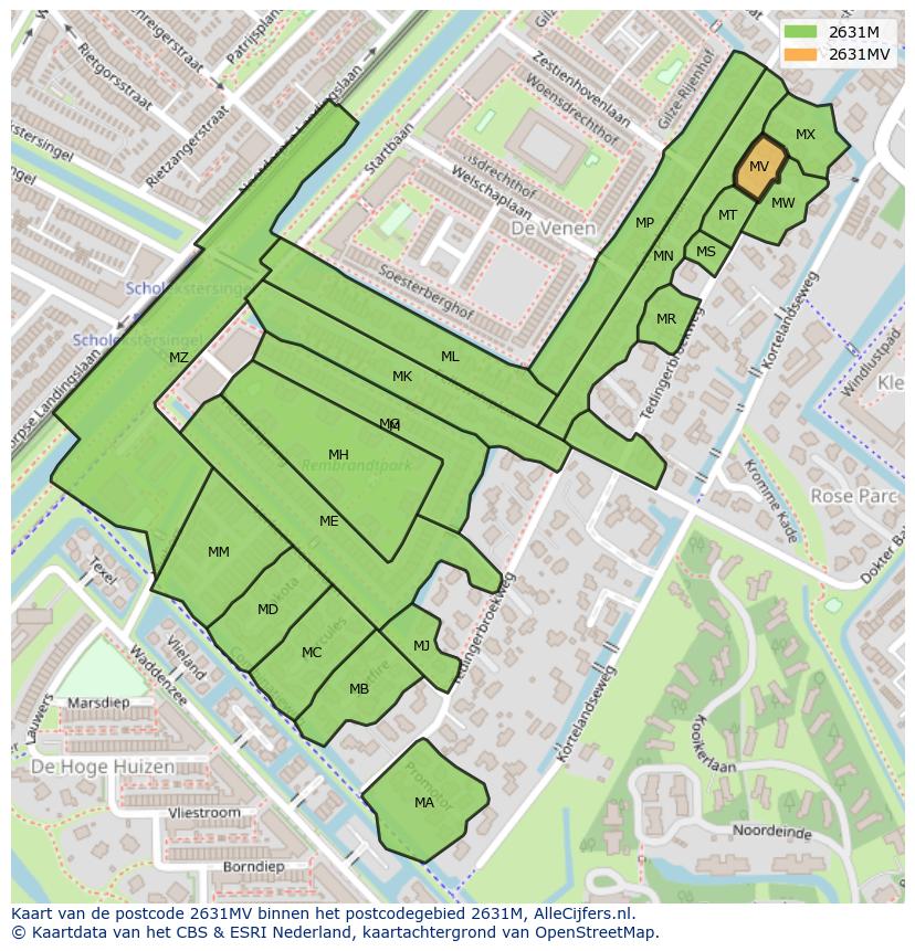 Afbeelding van het postcodegebied 2631 MV op de kaart.