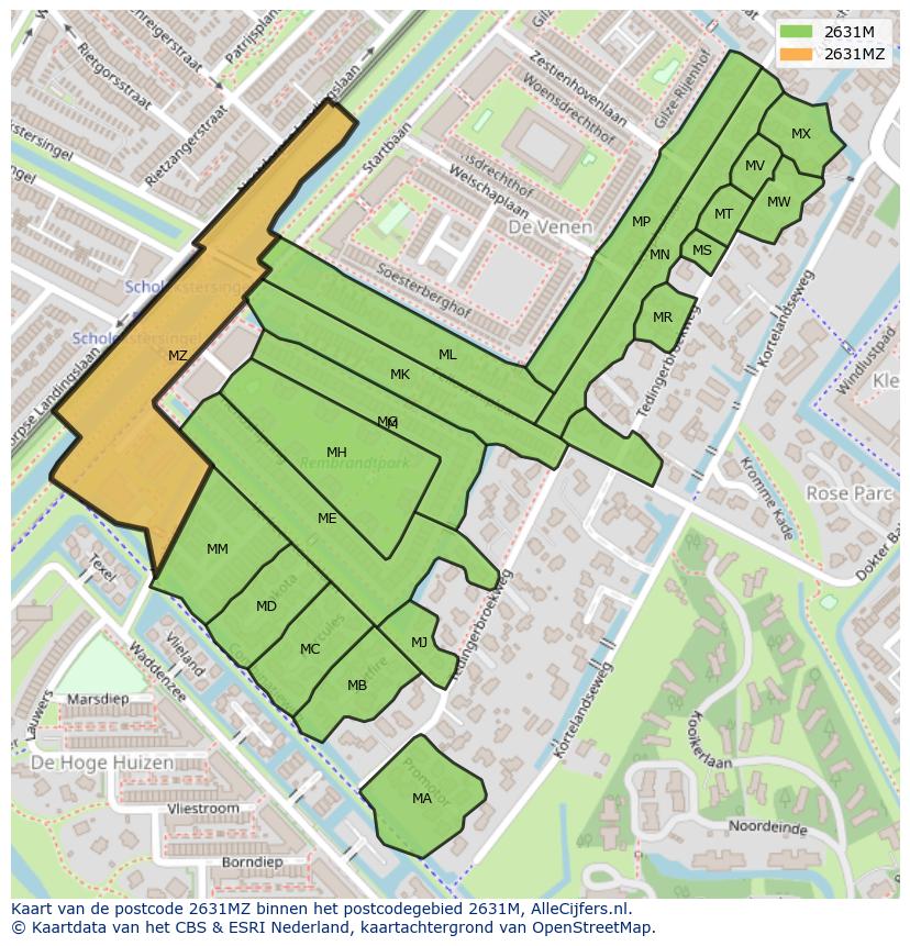 Afbeelding van het postcodegebied 2631 MZ op de kaart.