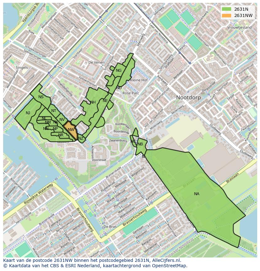 Afbeelding van het postcodegebied 2631 NW op de kaart.