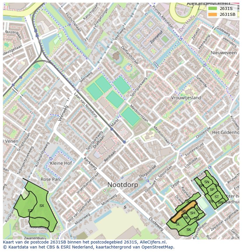 Afbeelding van het postcodegebied 2631 SB op de kaart.