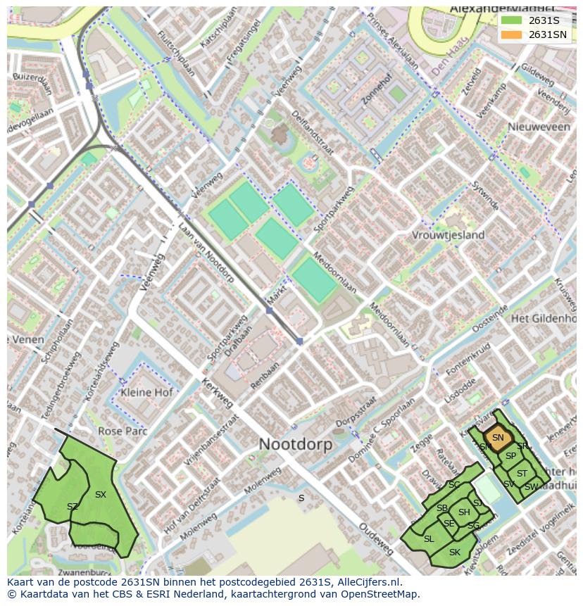 Afbeelding van het postcodegebied 2631 SN op de kaart.