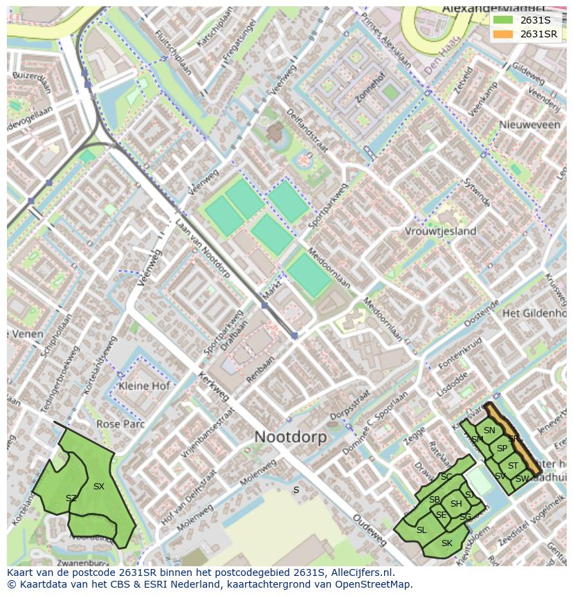 Afbeelding van het postcodegebied 2631 SR op de kaart.