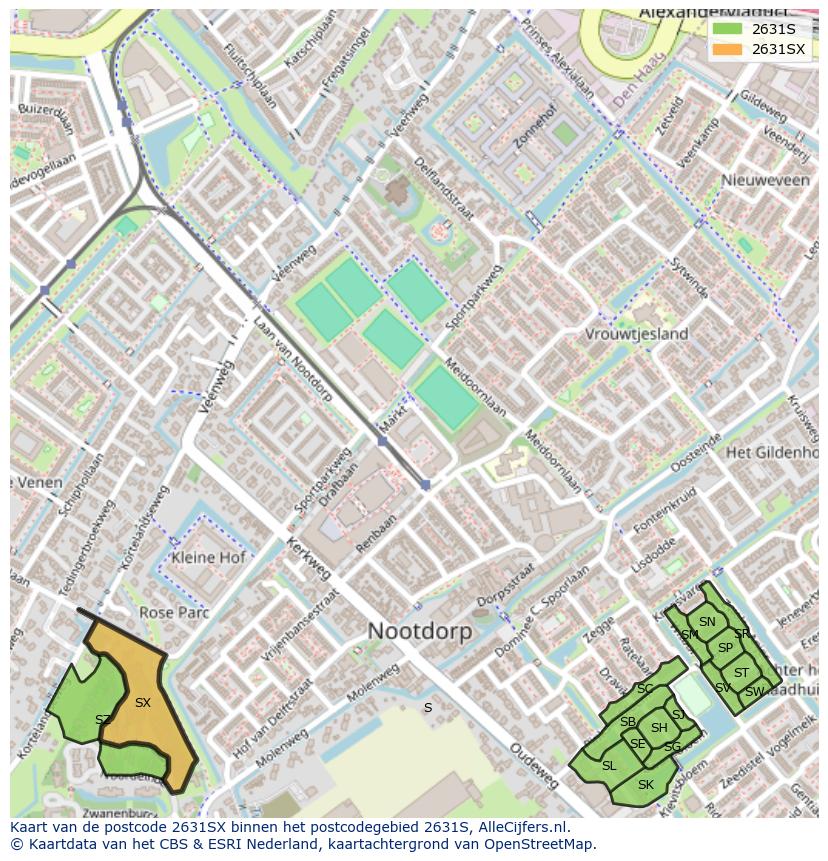 Afbeelding van het postcodegebied 2631 SX op de kaart.