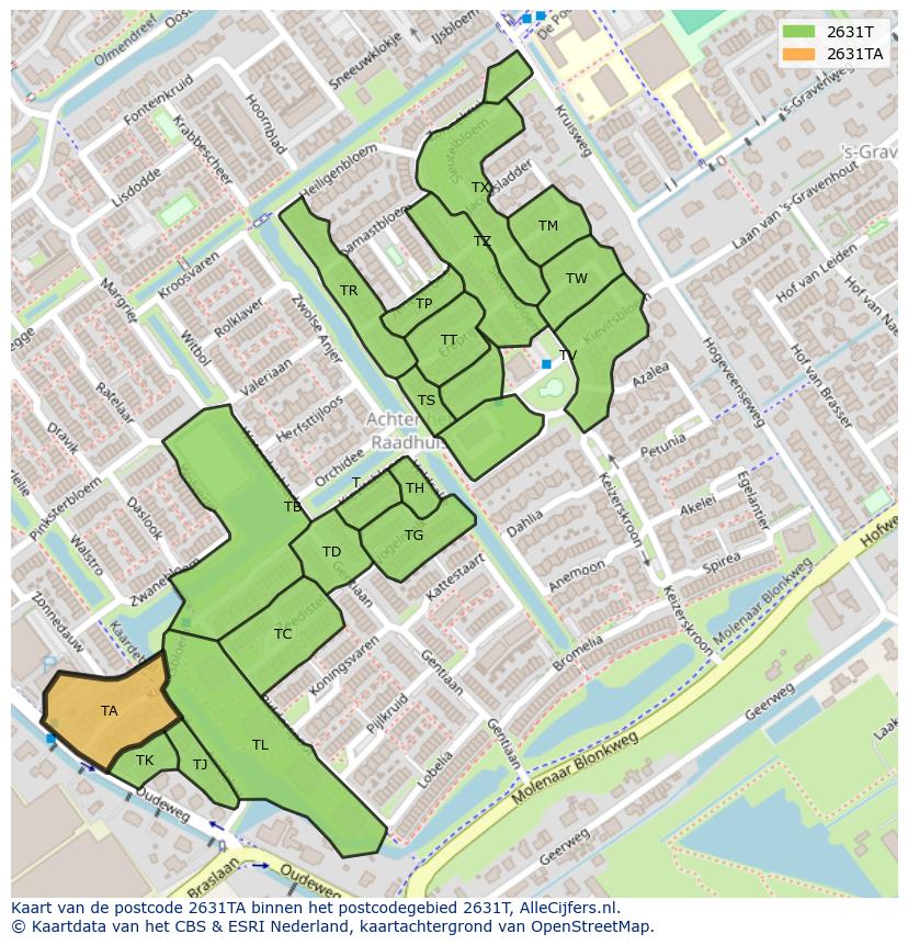 Afbeelding van het postcodegebied 2631 TA op de kaart.