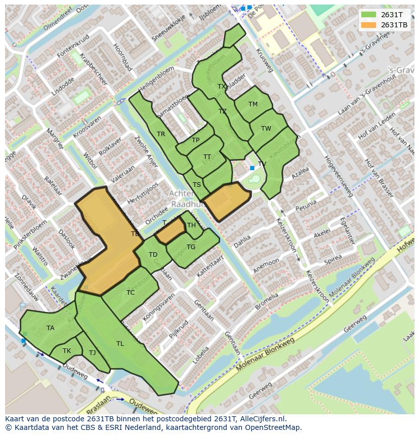 Afbeelding van het postcodegebied 2631 TB op de kaart.