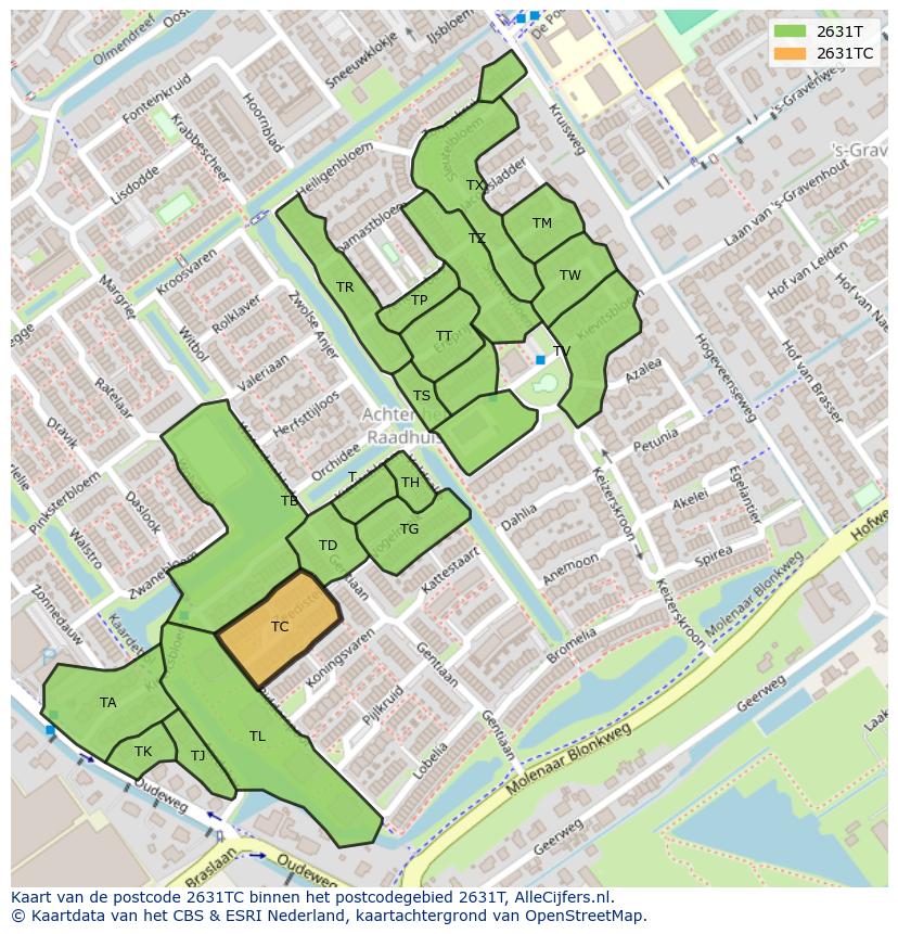 Afbeelding van het postcodegebied 2631 TC op de kaart.