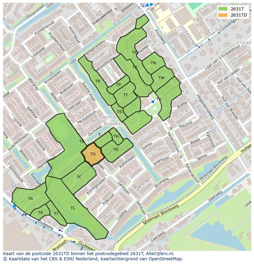 Afbeelding van het postcodegebied 2631 TD op de kaart.