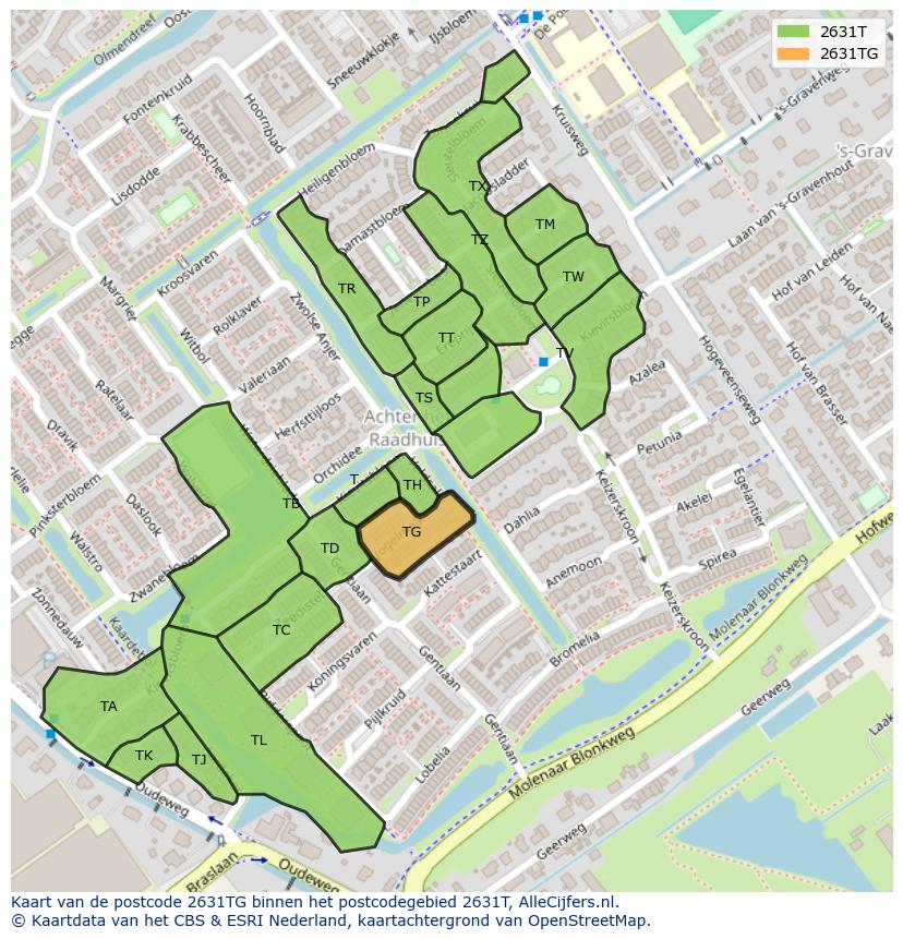 Afbeelding van het postcodegebied 2631 TG op de kaart.