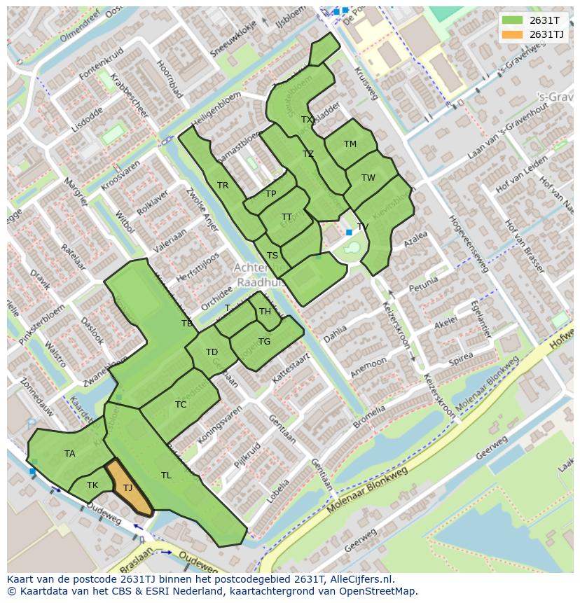 Afbeelding van het postcodegebied 2631 TJ op de kaart.