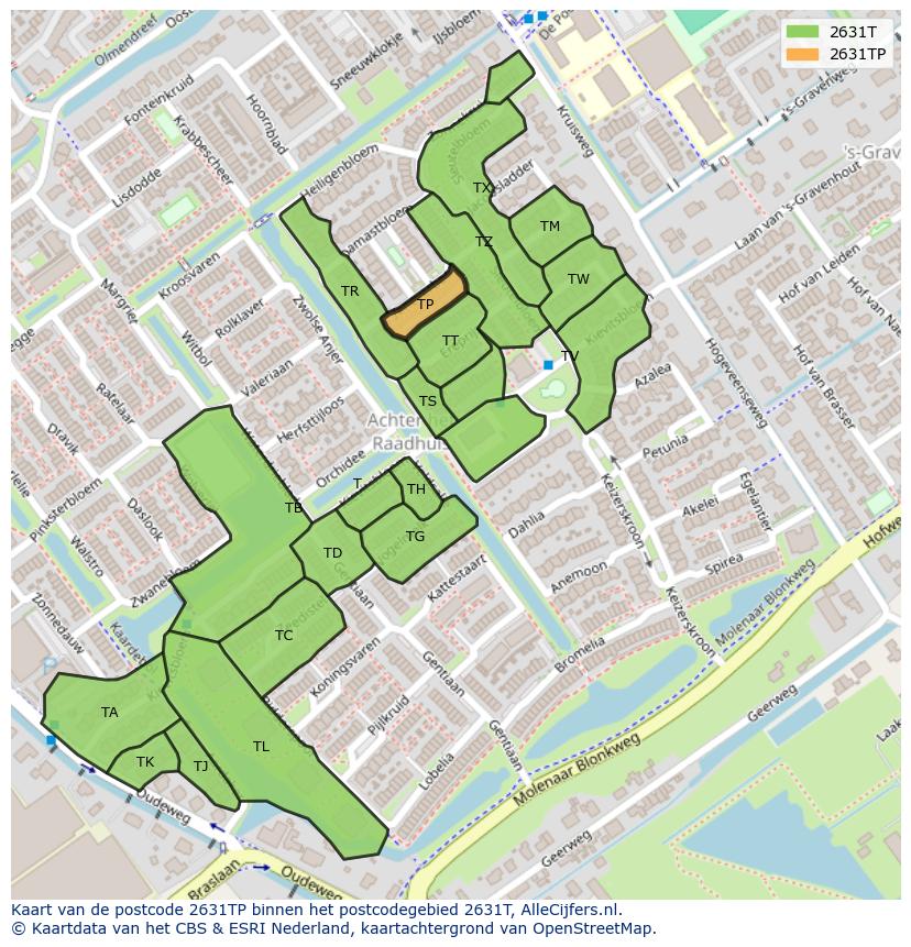 Afbeelding van het postcodegebied 2631 TP op de kaart.