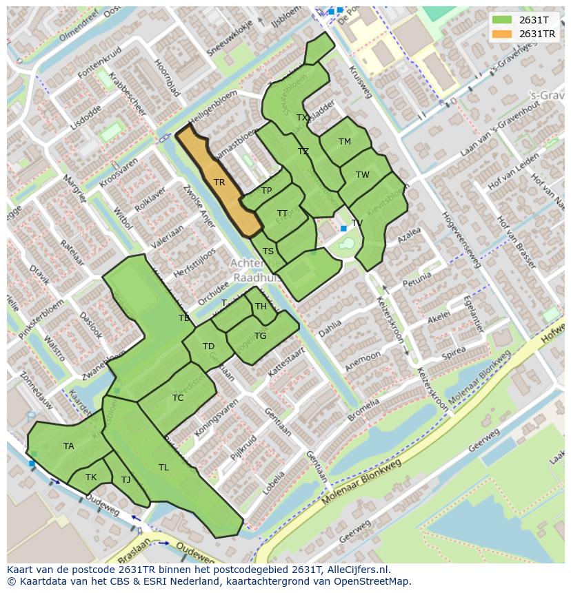 Afbeelding van het postcodegebied 2631 TR op de kaart.
