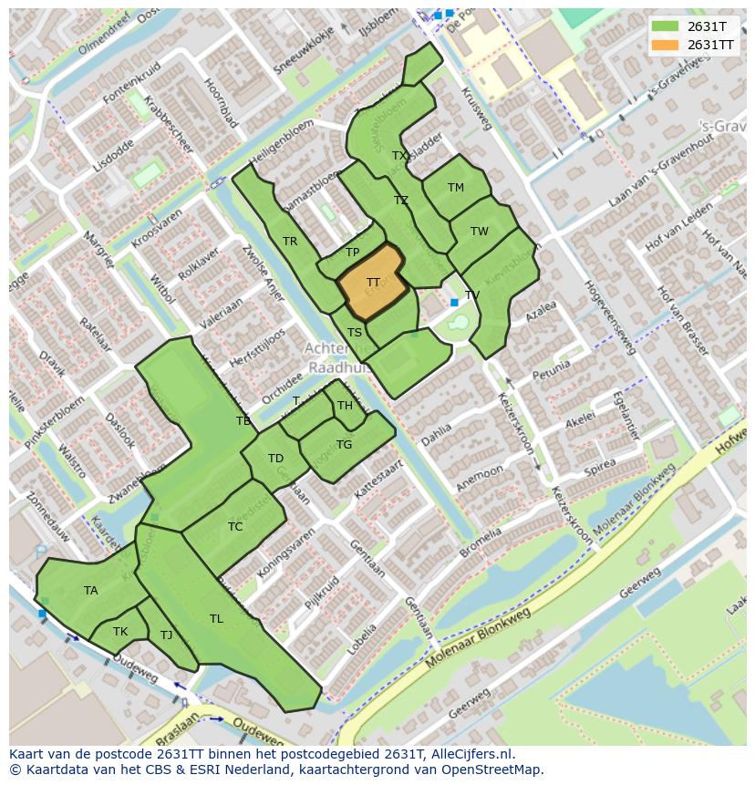 Afbeelding van het postcodegebied 2631 TT op de kaart.