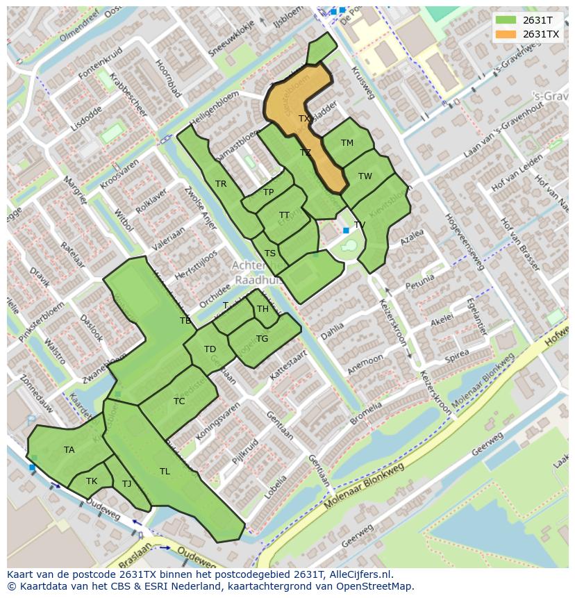 Afbeelding van het postcodegebied 2631 TX op de kaart.