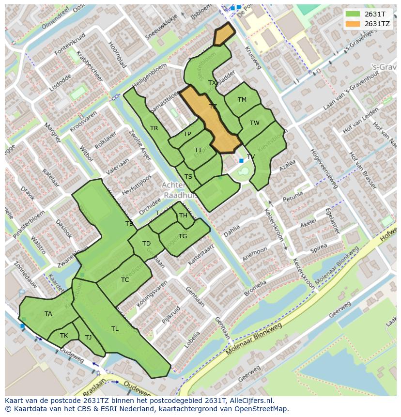 Afbeelding van het postcodegebied 2631 TZ op de kaart.