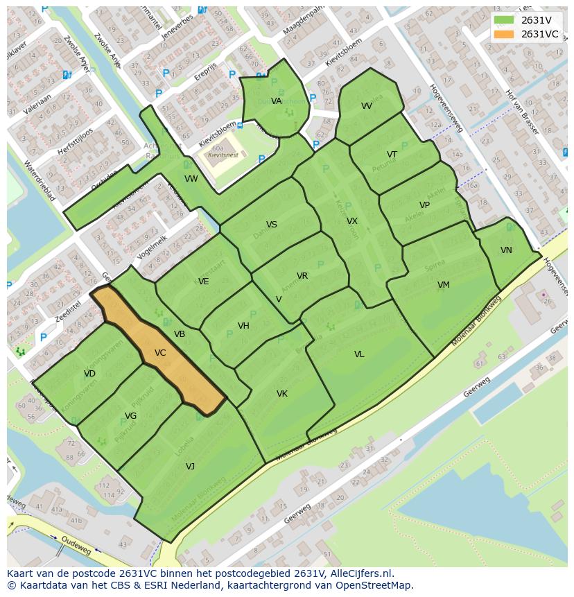 Afbeelding van het postcodegebied 2631 VC op de kaart.