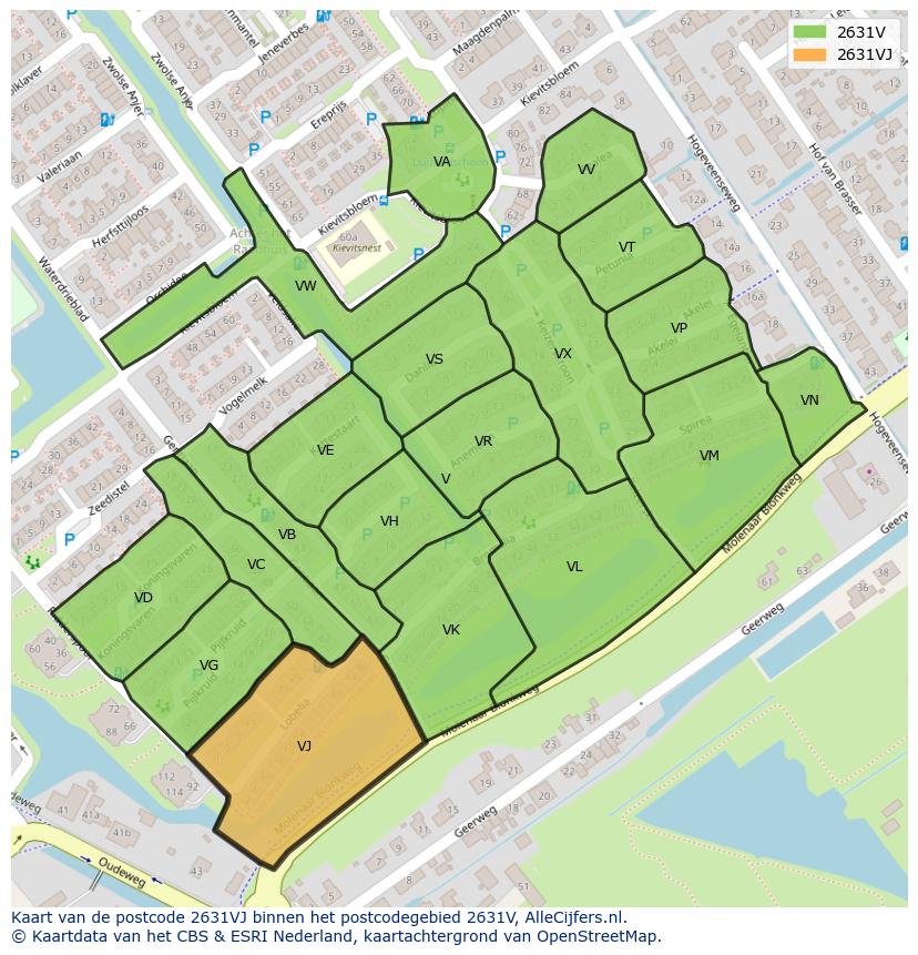 Afbeelding van het postcodegebied 2631 VJ op de kaart.