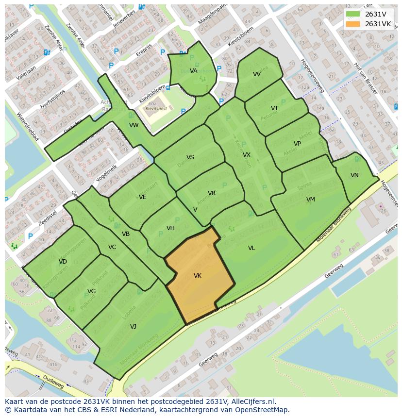 Afbeelding van het postcodegebied 2631 VK op de kaart.