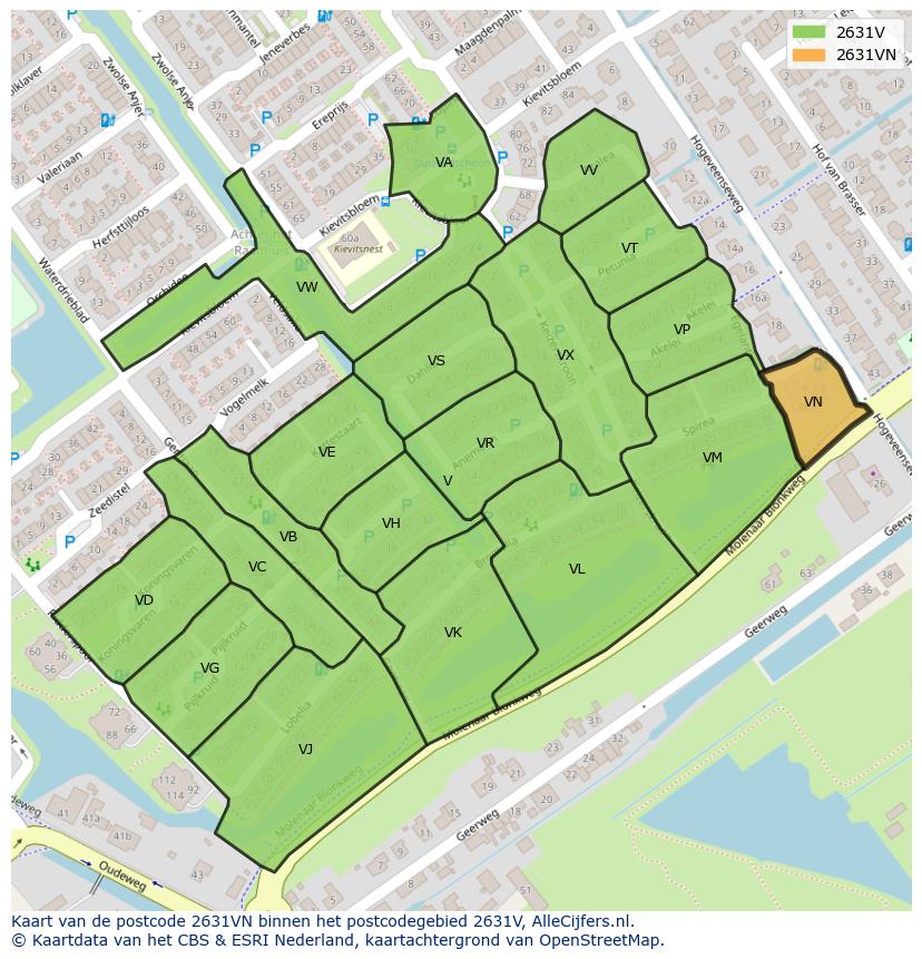 Afbeelding van het postcodegebied 2631 VN op de kaart.