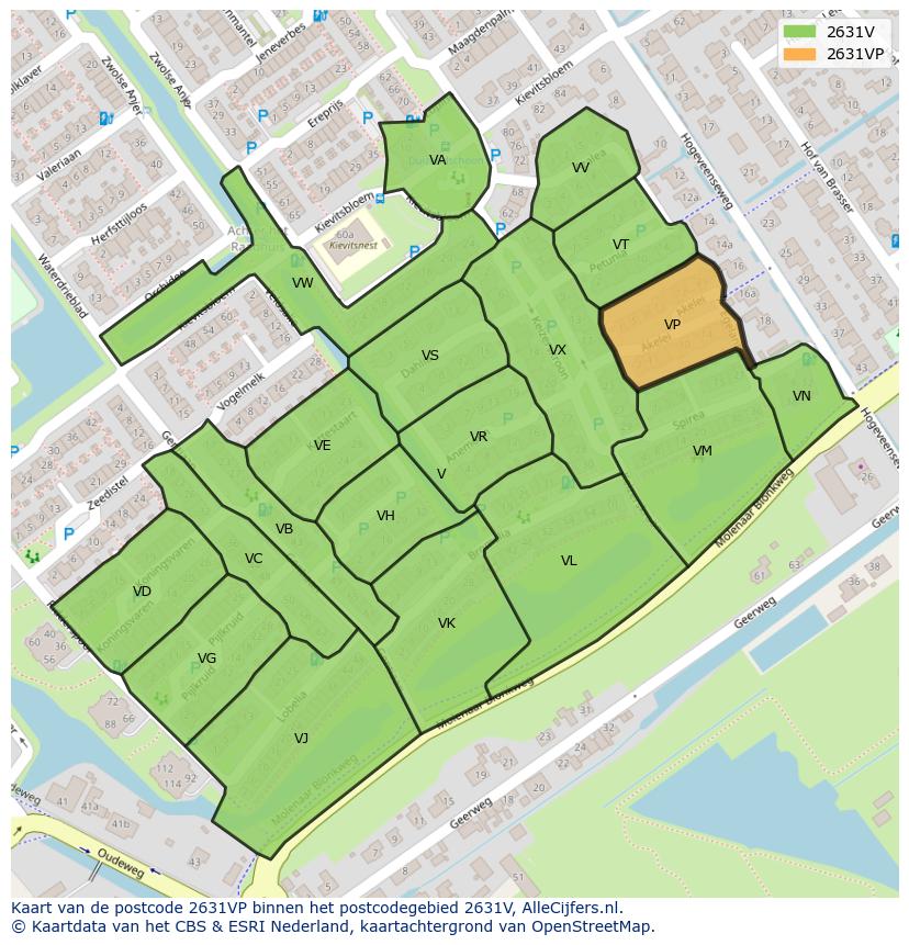 Afbeelding van het postcodegebied 2631 VP op de kaart.