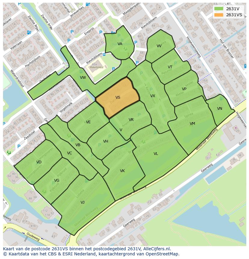 Afbeelding van het postcodegebied 2631 VS op de kaart.